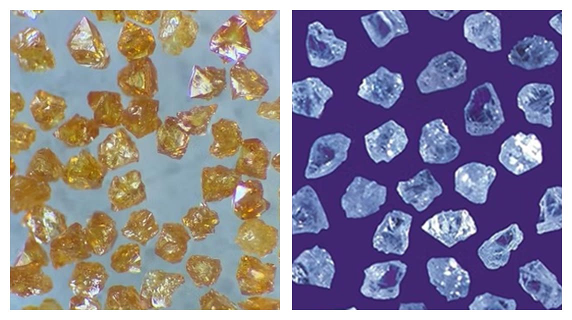 Comparação ampliada entre grão de CBN, âmbar, e grão de diamante, azulado